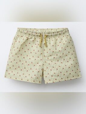 Zara Kids Boys Olive Gingham Cherry Swim Shorts, 5T